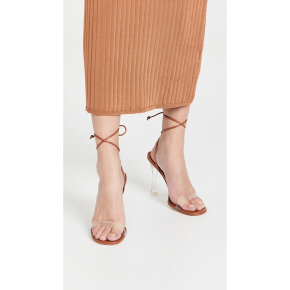 Larroude Gloria Heels Sandals Leather Vinyl Tie Ankle Straps Caramel Size 7.5 - Picture 2 of 9